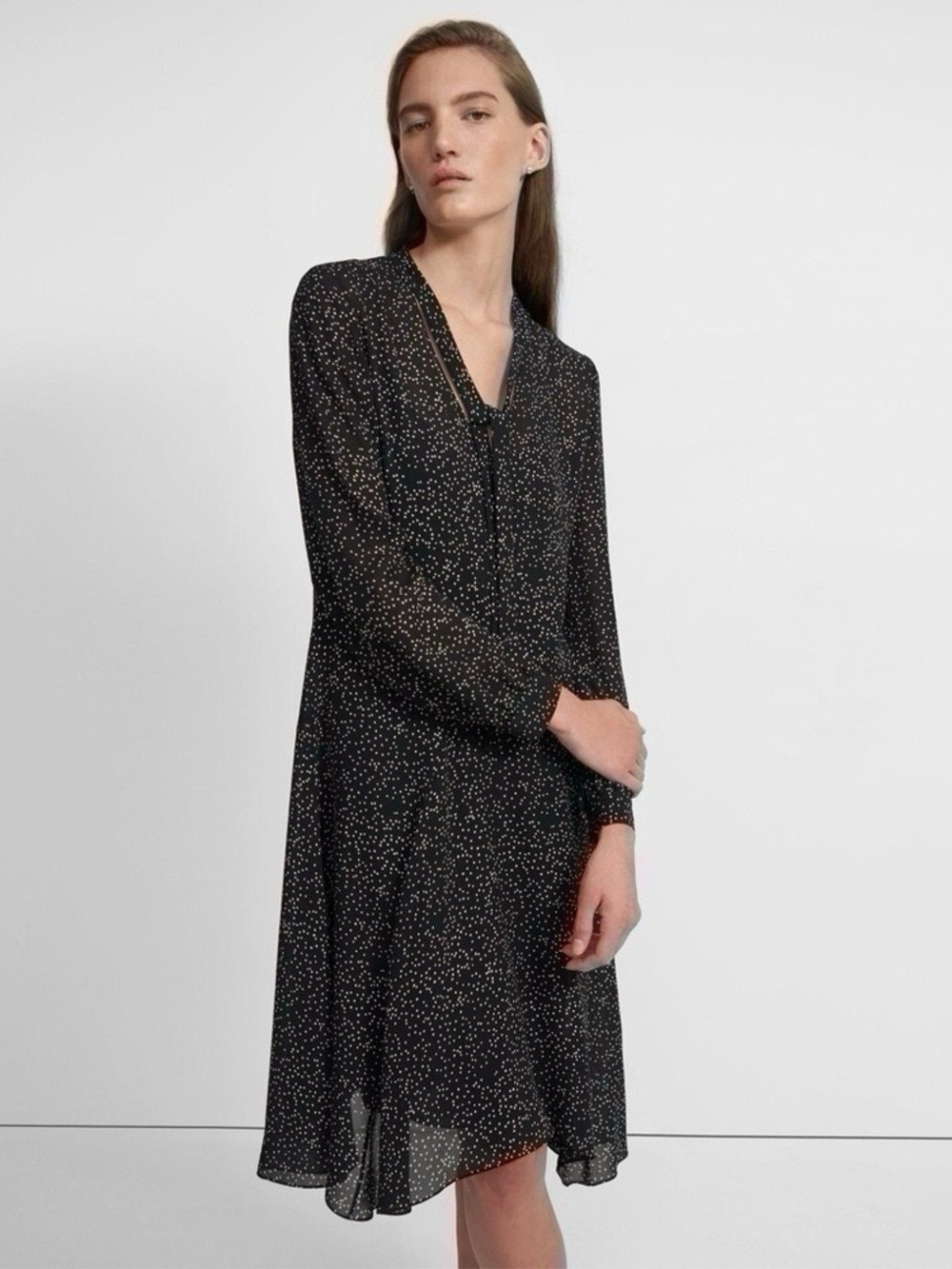 NEW Theory Tie Neck Drape Silk Dress Midi Multi Speckle Black - Picture 3 of 11